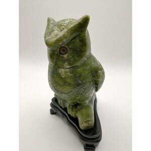 Vintage Green Jade Owl Figurine With Wooden Base